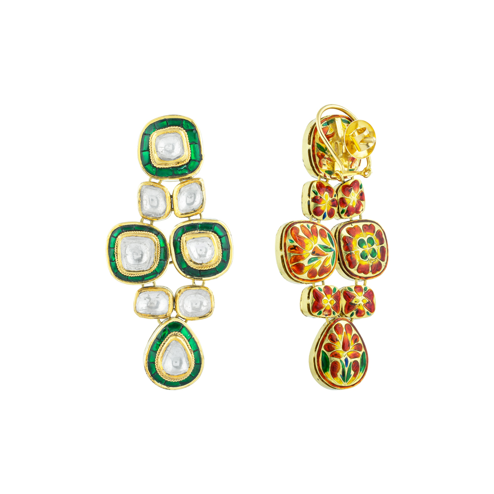 Emerald Green Talaf Polki Earrings with Tiered Polkis